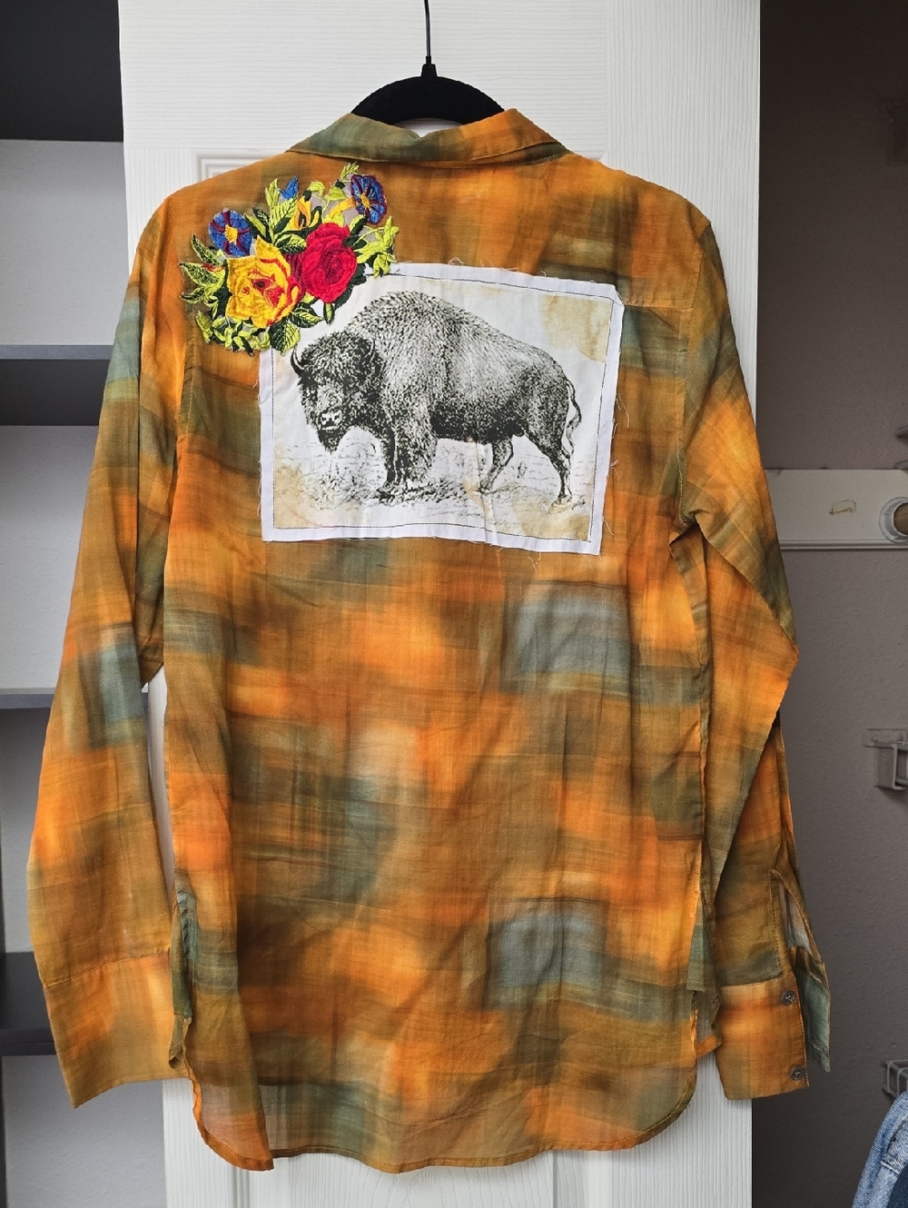 Embellished Plaid Buffalo Back Shirt - Orange Green